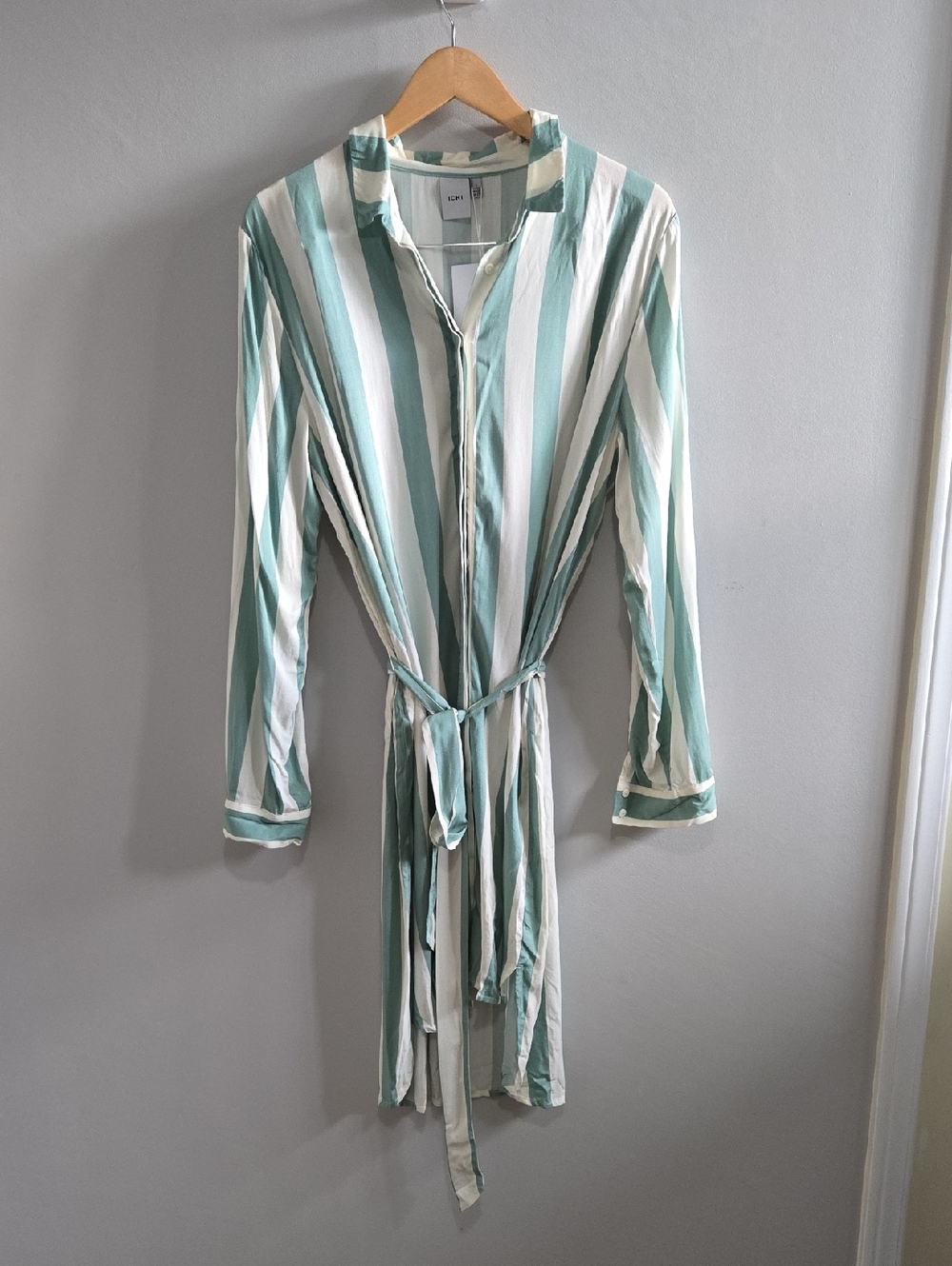 NWT Ichi Catarina Striped Green & Off White Button-Front Shirt Dress Size Large